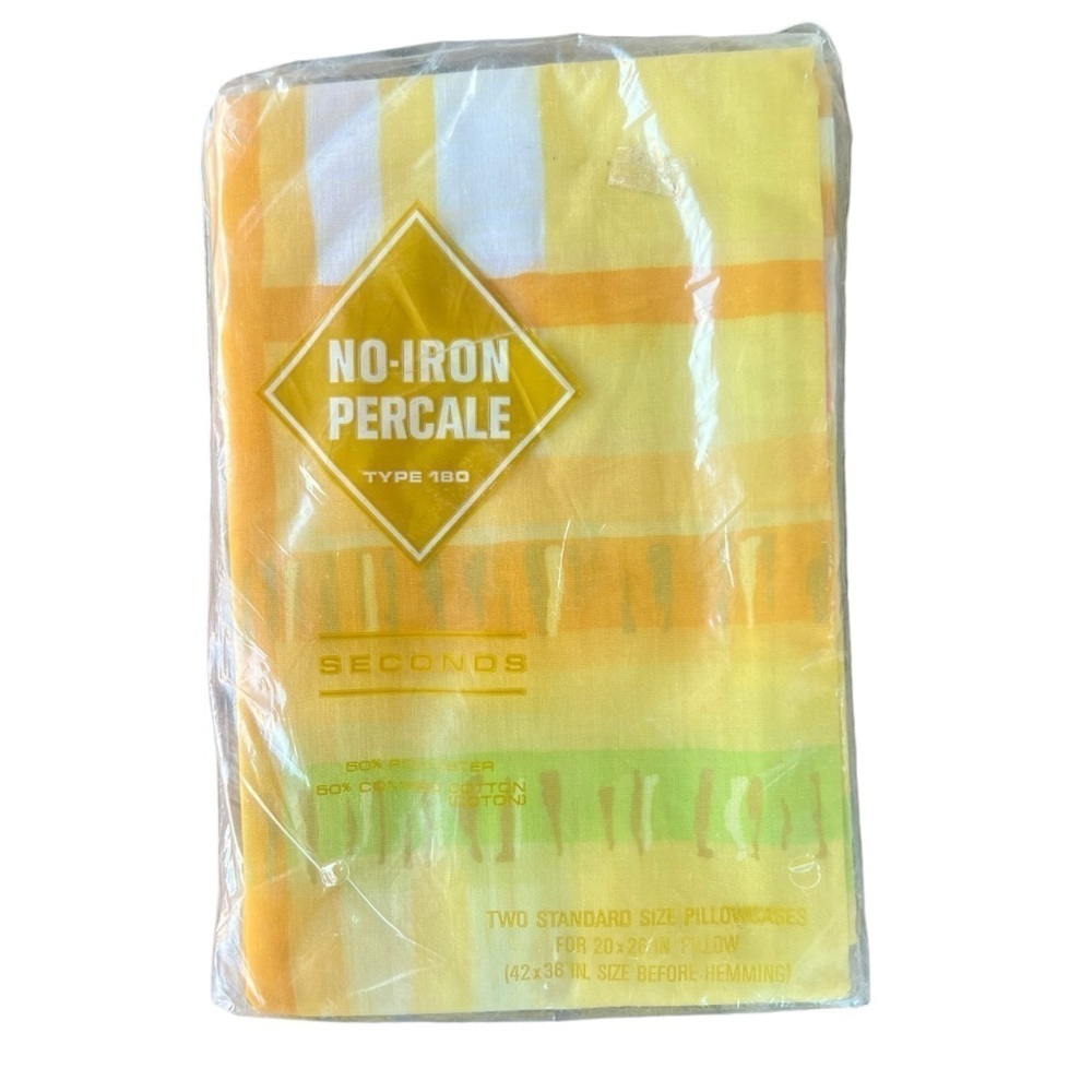 Vintage Abstract Pillowcase Set NOS Salestex No-Iron Percale Standard 70s Yellow